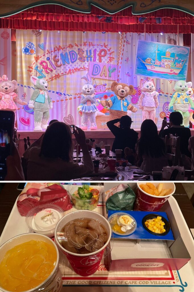ディズニーシーのショーレストランで行われる「フレンドシップデイ」のキャラクターたちのパフォーマンス。テーブルでは食事が並び、観客がショーを楽しんでいる様子。